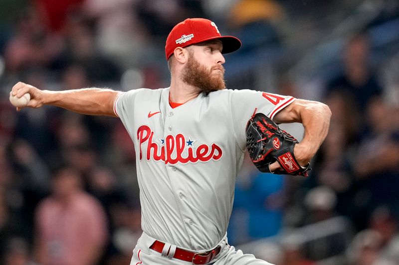 Oct 12, 2022; Atlanta, Georgia, USA; Philadelphia Phillies starting pitcher Zack Wheeler (45) throws against the Atlanta Braves in the first inning during game two of the NLDS for the 2022 MLB Playoffs at Truist Park. Mandatory Credit: Dale Zanine-USA TODAY Sports