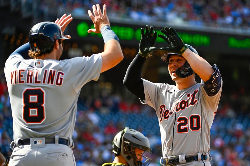 May 20, 2023; Washington, District of Columbia, USA; Detroit Tigers first baseman Spencer Torkelson (20) is congratulated by right fielder Matt Vierling (8) after hitting a two run home run against the Washington Nationals during the first inning at Nationals Park. Mandatory Credit: Brad Mills-USA TODAY Sports