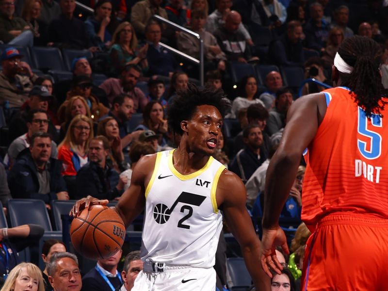 OKLAHOMA CITY, OK - DECEMBER 3: Collin Sexton #2 of the Utah Jazz handles the ball during the game against the Oklahoma City Thunder during the Emirates NBA Cup game on on December 3, 2024 at Paycom Center in Oklahoma City, Oklahoma. NOTE TO USER: User expressly acknowledges and agrees that, by downloading and or using this photograph, User is consenting to the terms and conditions of the Getty Images License Agreement. Mandatory Copyright Notice: Copyright 2024 NBAE (Photo by Zach Beeker/NBAE via Getty Images)