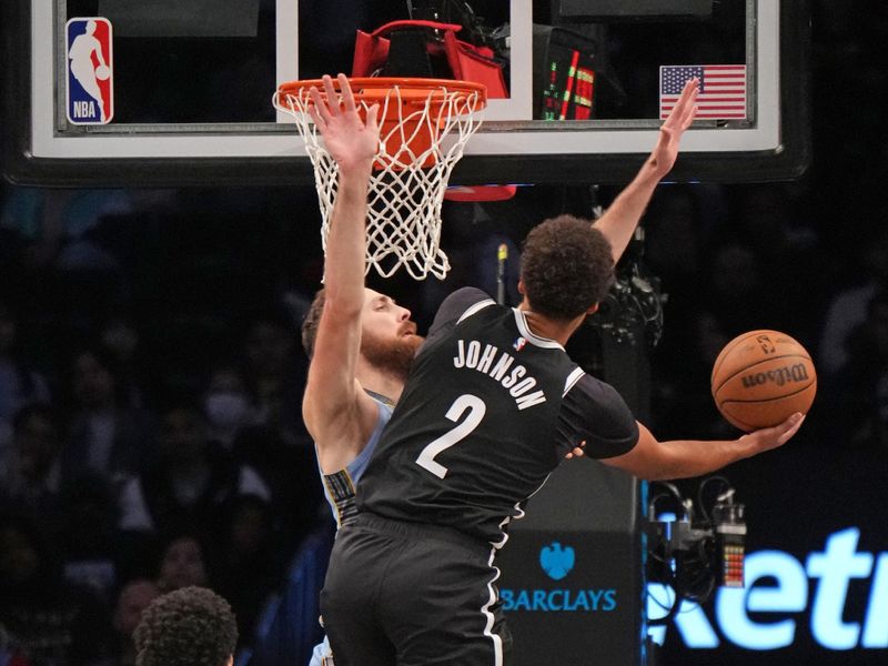 BROOKLYN, NY - NOVEMBER 4: Cameron Johnson #2 of the Brooklyn Nets drives to the basket during the game against the Memphis Grizzlies on November 4, 2024 at Barclays Center in Brooklyn, New York. NOTE TO USER: User expressly acknowledges and agrees that, by downloading and or using this Photograph, user is consenting to the terms and conditions of the Getty Images License Agreement. Mandatory Copyright Notice: Copyright 2024 NBAE (Photo by Jesse D. Garrabrant/NBAE via Getty Images)