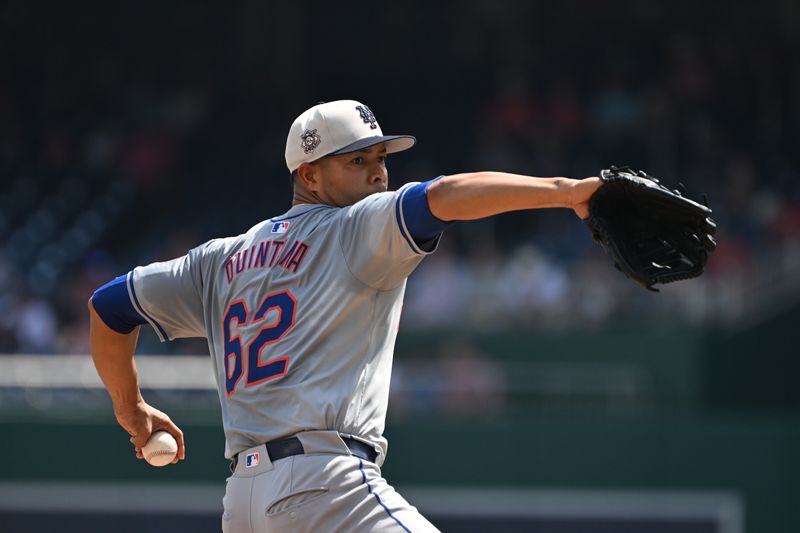 Jul 4, 2024; Washington, District of Columbia, USA; starting pitcher Jose Quintana (62) throws a pitch against the Washington Nationals during the first inning at Nationals Park. Mandatory Credit: Rafael Suanes-USA TODAY Sports