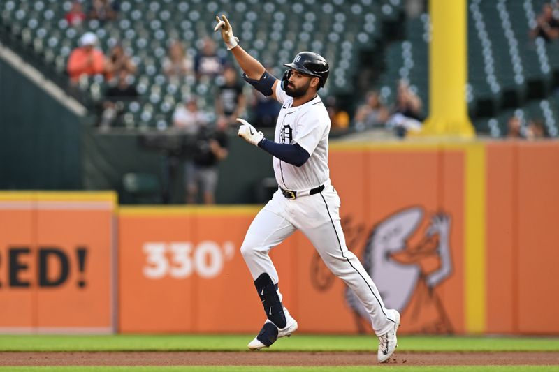 Sep 11, 2024; Detroit, Michigan, USA; Detroit Tigers left fielder Riley Greene (31) celebrates as he rounds the bases after hitting a solo home run against the Colorado Rockies in the first inning at Comerica Park. Mandatory Credit: Lon Horwedel-Imagn Images