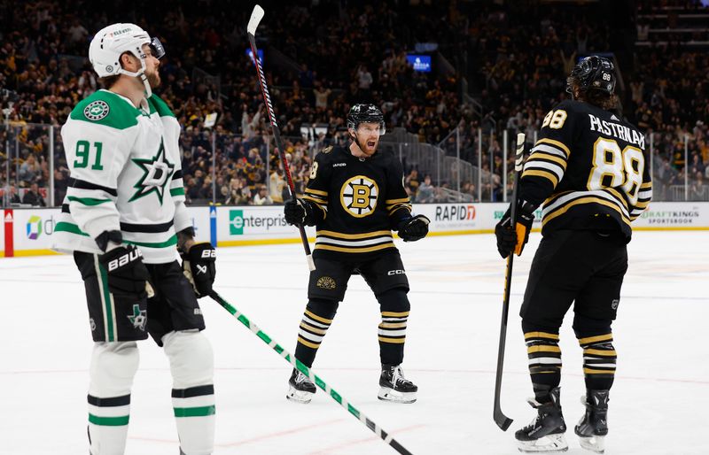 Feb 19, 2024; Boston, Massachusetts, USA; As Dallas Stars center Tyler Seguin (91) skates by, Boston Bruins defenseman Matt Grzelcyk (48) celebrates a goal by left wing David Pastrnak (88) to tie the game late in the third period at TD Garden. Mandatory Credit: Winslow Townson-USA TODAY Sports