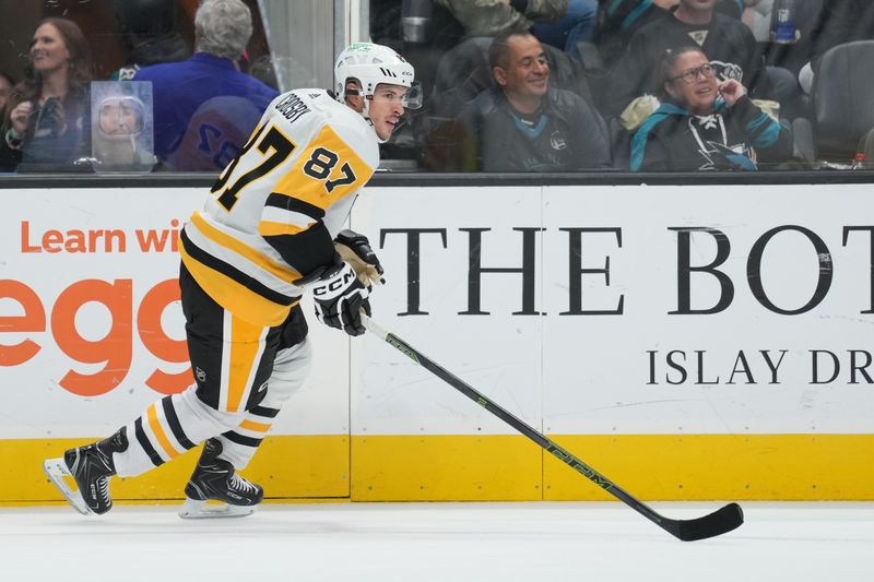 Nov 4, 2023; San Jose, California, USA; Pittsburgh Penguins center Sidney Crosby (87) skates against the San Jose Sharks during the second period at SAP Center at San Jose. Mandatory Credit: Darren Yamashita-USA TODAY Sports