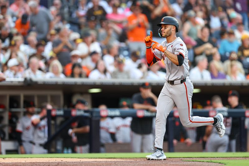 Sep 7, 2024; San Diego, California, USA; San Francisco Giants center fielder Grant McCray (58) celebrates after hitting a three run home run against the San Diego Padres during the second inning at Petco Park. Mandatory Credit: Chadd Cady-Imagn Images