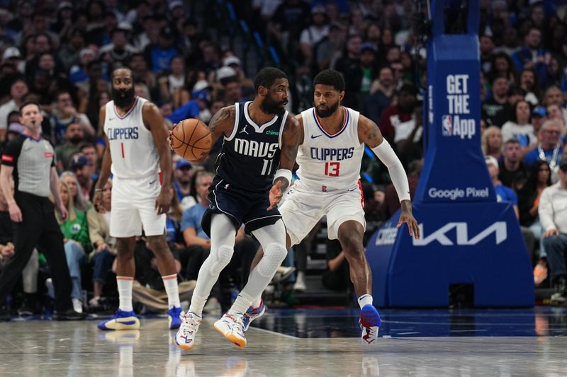 DALLAS, TX - APRIL 28: Kyrie Irving #11 of the Dallas Mavericks handles the ball during the game against the LA Clippers during Round 1 Game 4 of the 2024NBA Playoffs on April 28, 2024 at the American Airlines Center in Dallas, Texas. NOTE TO USER: User expressly acknowledges and agrees that, by downloading and or using this photograph, User is consenting to the terms and conditions of the Getty Images License Agreement. Mandatory Copyright Notice: Copyright 2024 NBAE (Photo by Glenn James/NBAE via Getty Images)