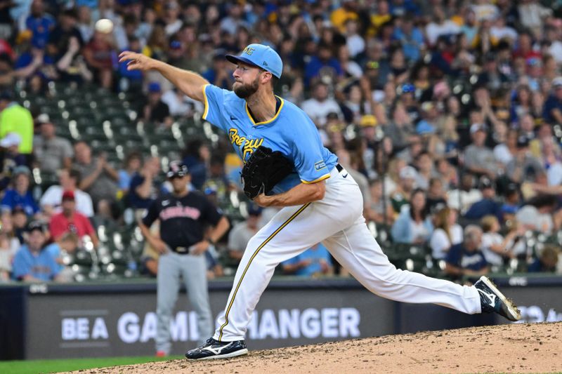 Aug 18, 2024; Milwaukee, Wisconsin, USA; Milwaukee Brewers starting pitcher Colin Rea (48) pitches in the sixth inning against the Cleveland Guardians at American Family Field. Mandatory Credit: Benny Sieu-USA TODAY Sports