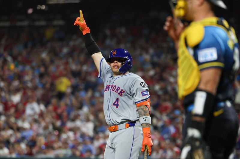 Sep 13, 2024; Philadelphia, Pennsylvania, USA; New York Mets catcher Francisco Alvarez (4) reacts after hitting a three run home run during the fifth inning against the Philadelphia Phillies at Citizens Bank Park. Mandatory Credit: Bill Streicher-Imagn Images