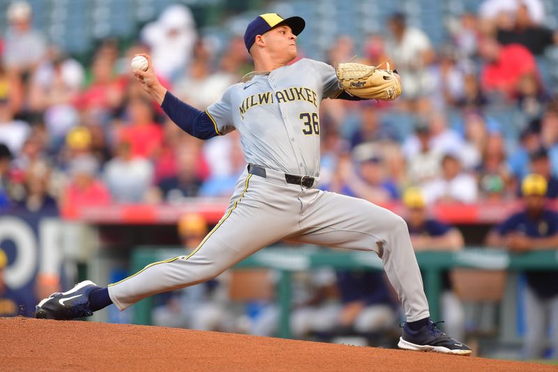 Jun 18, 2024; Anaheim, California, USA; Milwaukee Brewers pitcher Tobias Myers (36) throws against the Los Angeles Angels during the first inning at Angel Stadium. Mandatory Credit: Gary A. Vasquez-USA TODAY Sports