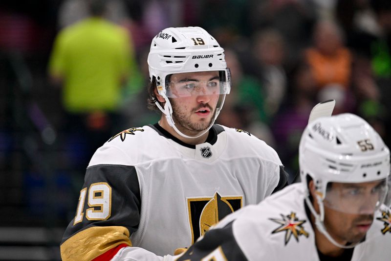 Jan 24, 2025; Dallas, Texas, USA; Vegas Golden Knights center Brendan Brisson (19) waits for the face-off against the Dallas Stars during the second period at the American Airlines Center. Mandatory Credit: Jerome Miron-Imagn Images