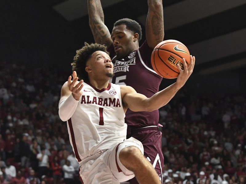 Feb 3, 2024; Tuscaloosa, Alabama, USA;  Alabama guard Mark Sears (1) attempts a shot in the lane with Mississippi State forward Jimmy Bell Jr. (15) defending at Coleman Coliseum. Mandatory Credit: Gary Cosby Jr.-USA TODAY Sports