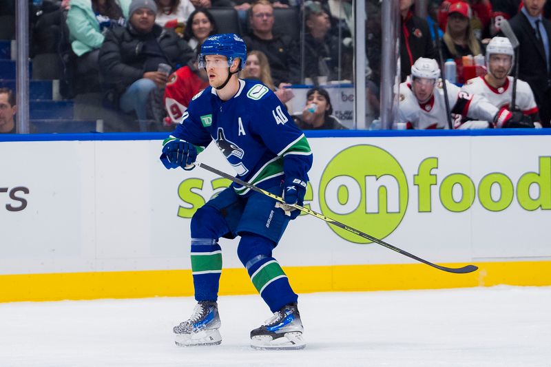 Jan 2, 2024; Vancouver, British Columbia, CAN; Vancouver Canucks forward Elias Pettersson (40) skates against the Ottawa Senators in the third period at Rogers Arena. Mandatory Credit: Bob Frid-USA TODAY Sports