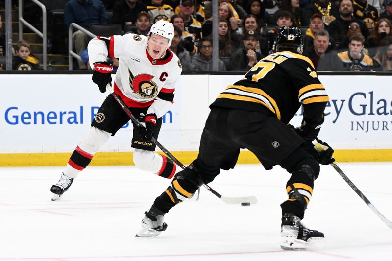 Nov 9, 2024; Boston, Massachusetts, USA;  Ottawa Senators left wing Brady Tkachuk (7) shoots the game winning overtime goal against the Boston Bruins during an overtime period at TD Garden. Mandatory Credit: Brian Fluharty-Imagn Images