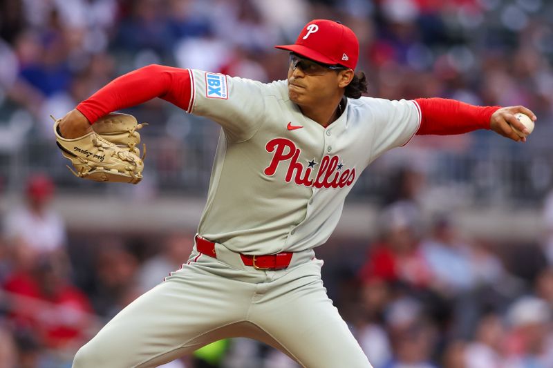 Apr 10, 2025; Atlanta, Georgia, USA; Philadelphia Phillies starting pitcher Jesus Luzardo (44) throws against the Atlanta Braves in the first inning at Truist Park. Mandatory Credit: Brett Davis-Imagn Images