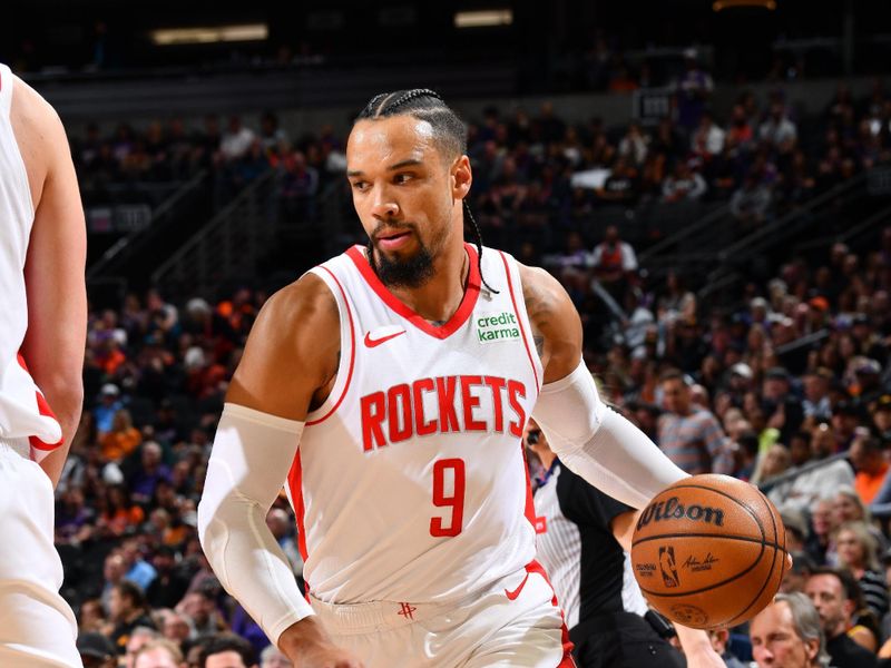 PHOENIX, AZ - MARCH 2: Dillon Brooks #9 of the Houston Rockets dribbles the ball during the game against the Phoenix Suns on March 2, 2024 at Footprint Center in Phoenix, Arizona. NOTE TO USER: User expressly acknowledges and agrees that, by downloading and or using this photograph, user is consenting to the terms and conditions of the Getty Images License Agreement. Mandatory Copyright Notice: Copyright 2024 NBAE (Photo by Barry Gossage/NBAE via Getty Images)