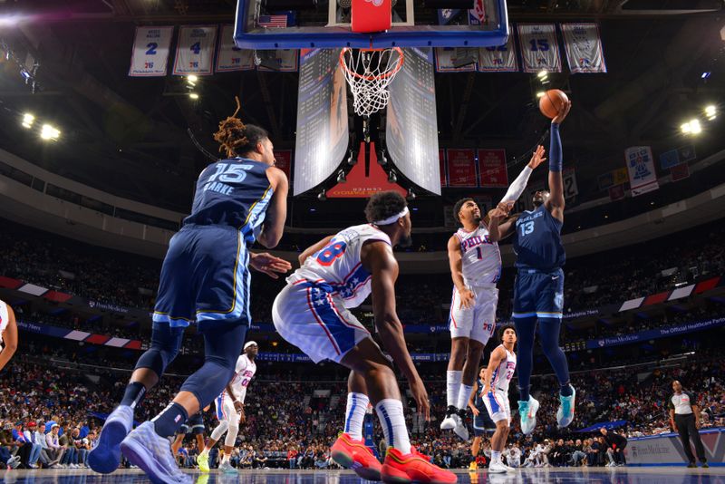 PHILADELPHIA, PA - NOVEMBER 2: Jaren Jackson Jr. #13 of the Memphis Grizzlies drives to the basket during the game against the Philadelphia 76ers on November 2, 2024 at the Wells Fargo Center in Philadelphia, Pennsylvania NOTE TO USER: User expressly acknowledges and agrees that, by downloading and/or using this Photograph, user is consenting to the terms and conditions of the Getty Images License Agreement. Mandatory Copyright Notice: Copyright 2024 NBAE (Photo by Jesse D. Garrabrant/NBAE via Getty Images)