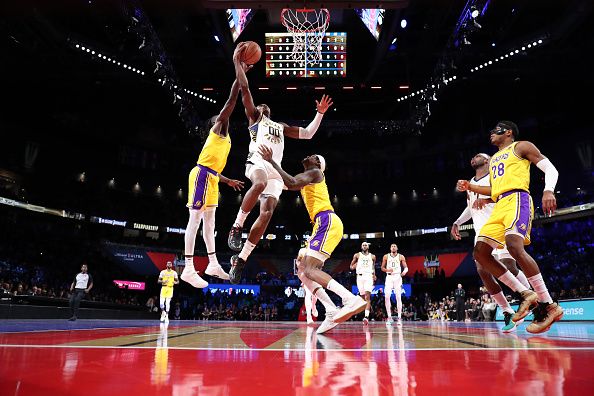 LAS VEGAS, NV - DECEMBER 9: Bennedict Mathurin #00 of the Indiana Pacers drives to the basket during the game against the Los Angeles Lakers during the In-Season Tournament Championship game on December 9, 2023 at T-Mobile Arena in Las Vegas, Nevada. NOTE TO USER: User expressly acknowledges and agrees that, by downloading and or using this photograph, User is consenting to the terms and conditions of the Getty Images License Agreement. Mandatory Copyright Notice: Copyright 2023 NBAE (Photo by Jeff Haynes/NBAE via Getty Images)