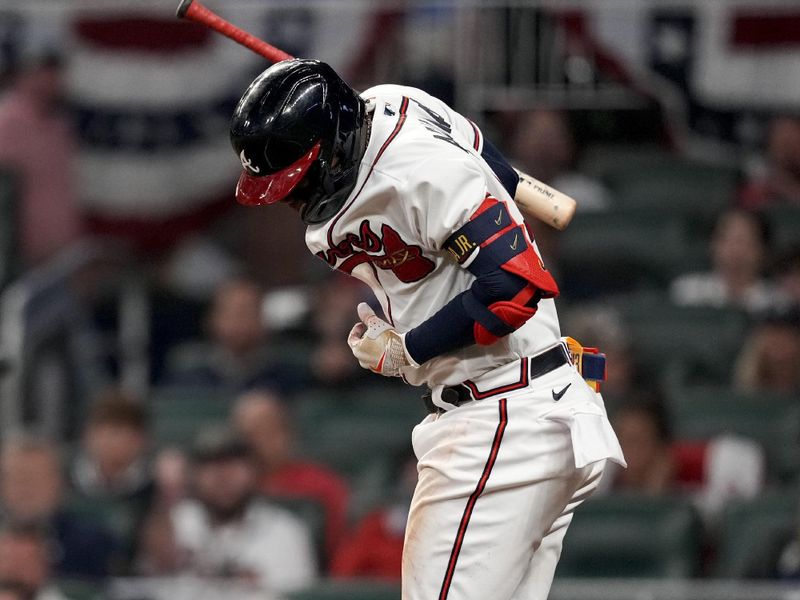 Oct 12, 2022; Atlanta, Georgia, USA; Atlanta Braves right fielder Ronald Acuna Jr. (13) reacts after being hit by a pitch in the game against the Philadelphia Phillies in the sixth inning during game two of the NLDS for the 2022 MLB Playoffs at Truist Park. Mandatory Credit: Dale Zanine-USA TODAY Sports