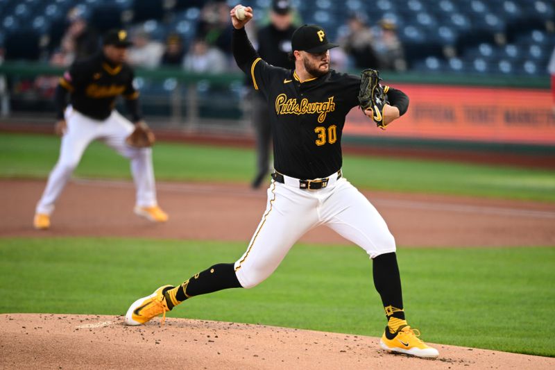 Apr 8, 2025; Pittsburgh, Pennsylvania, USA; Pittsburgh Pirates starting pitcher Paul Skenes (30) throws a pitch during the first inning against the St. Louis Cardinals at PNC Park. Mandatory Credit: David Dermer-Imagn Images