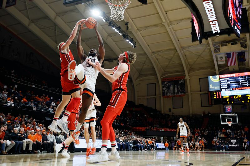 Jan 26, 2023; Corvallis, Oregon, USA; Oregon State Beavers forward Rodrigue Angela (34) grabs a rebound as Utah Utes guard Gabe Madsen (55, left) and center Branden Carlson (35, right) defend during the first half at Gill Coliseum. Mandatory Credit: Soobum Im-USA TODAY Sports