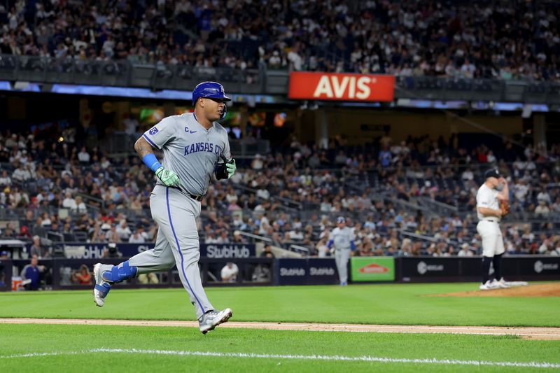 Sep 9, 2024; Bronx, New York, USA; Kansas City Royals catcher Salvador Perez (13) rounds the bases after hitting a solo home run against New York Yankees starting pitcher Carlos Rodon (55) during the third inning at Yankee Stadium. Mandatory Credit: Brad Penner-Imagn Images