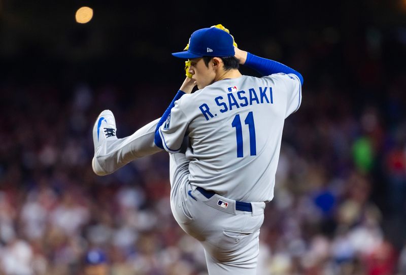 May 9, 2025; Phoenix, Arizona, USA; Los Angeles Dodgers pitcher Roki Sasaki against the Arizona Diamondbacks at Chase Field. Mandatory Credit: Mark J. Rebilas-Imagn Images