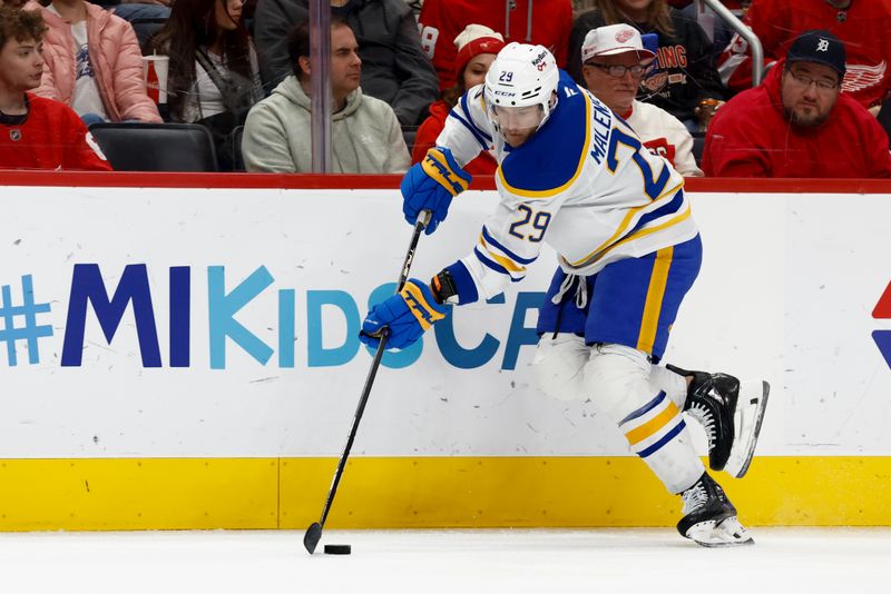 Nov 15, 2025; Detroit, Michigan, USA;  Buffalo Sabres left wing Beck Malenstyn (29) skates with the puck in the first period against the Detroit Red Wings at Little Caesars Arena. Mandatory Credit: Rick Osentoski-Imagn Images