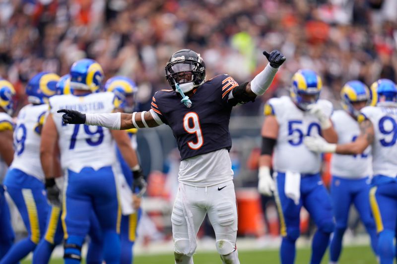 Chicago Bears safety Jaquan Brisker celebrates the Los Angeles Rams' missed field goal late in the first half of an NFL football game Sunday, Sept. 29, 2024, in Chicago. (AP Photo/Erin Hooley)