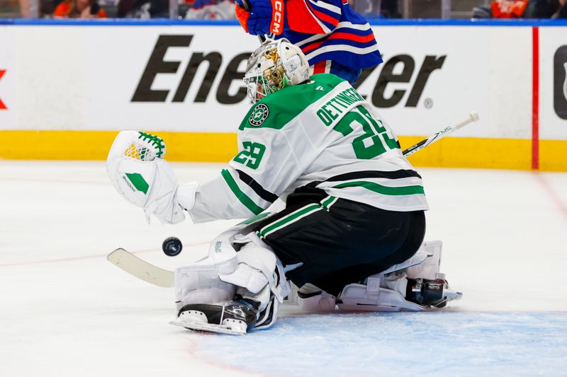 May 27, 2025; Edmonton, Alberta, CAN; Dallas Stars goaltender Jake Oettinger (29) makes a save on a Edmonton Oilers shot during the third period in game four of the Western Conference Final of the 2025 Stanley Cup Playoffs at Rogers Place. Mandatory Credit: Perry Nelson-Imagn Images