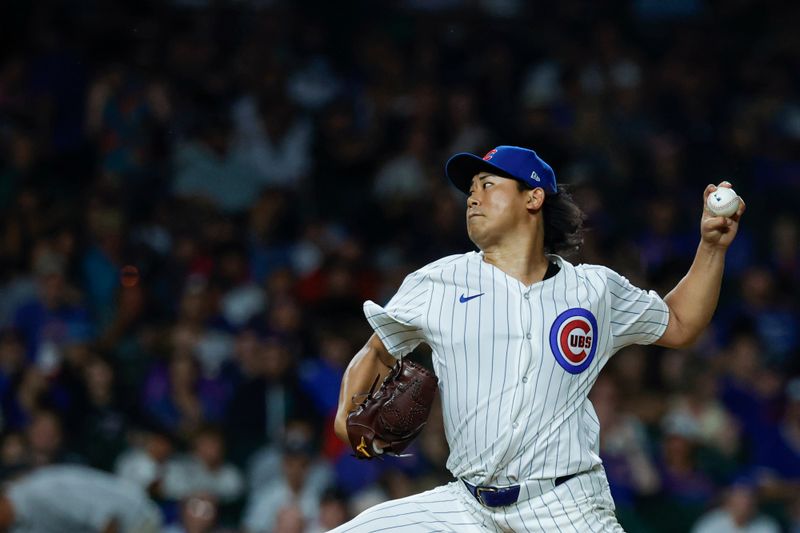 Aug 1, 2024; Chicago, Illinois, USA; Chicago Cubs starting pitcher Shota Imanaga (18) delivers a pitch against the St. Louis Cardinals during the seventh inning at Wrigley Field. Mandatory Credit: Kamil Krzaczynski-USA TODAY Sports