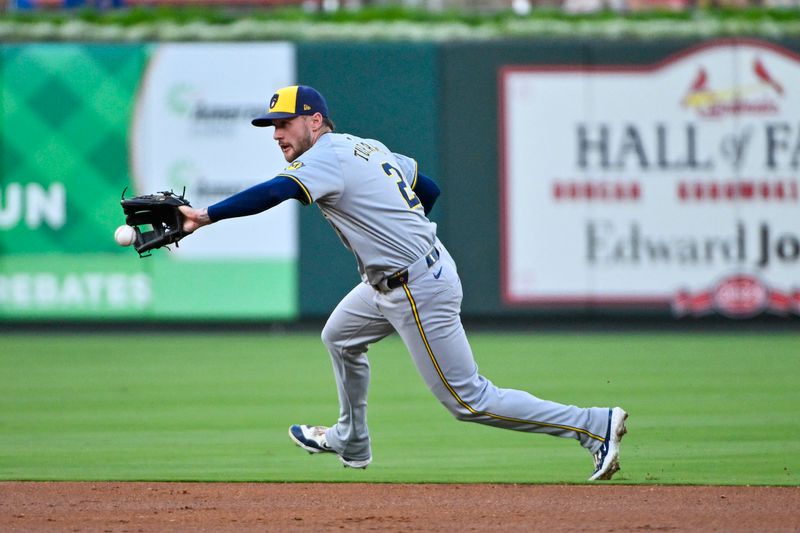 Aug 20, 2024; St. Louis, Missouri, USA;  Milwaukee Brewers second baseman Brice Turang (2) fields a ground ball against the St. Louis Cardinals during the first inning at Busch Stadium. Mandatory Credit: Jeff Curry-USA TODAY Sports