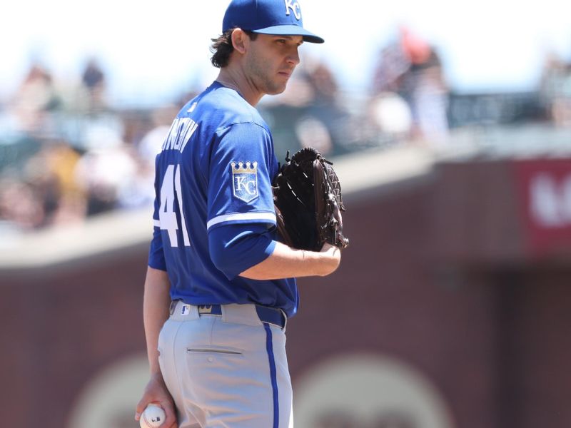 May 21, 2025; San Francisco, California, USA; Kansas City Royals starting pitcher Daniel Lynch (41) on the mound against the San Francisco Giants during the second inning at Oracle Park. Mandatory Credit: Kelley L Cox-Imagn Images