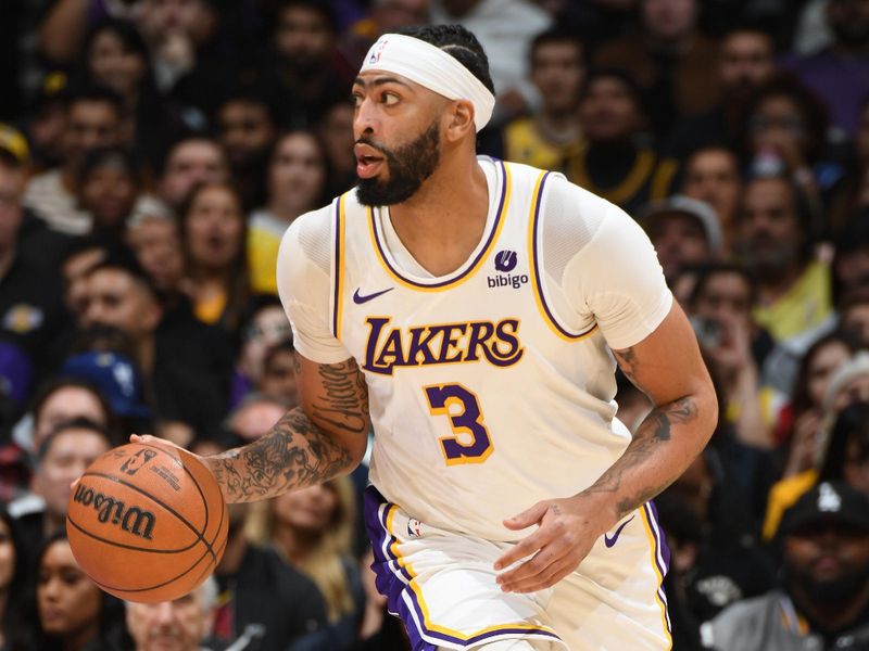 LOS ANGELES, CA - MARCH 2: Anthony Davis #3 of the Los Angeles Lakers dribbles the ball during the game against the Denver Nuggets on March 2, 2024 at Crypto.Com Arena in Los Angeles, California. NOTE TO USER: User expressly acknowledges and agrees that, by downloading and/or using this Photograph, user is consenting to the terms and conditions of the Getty Images License Agreement. Mandatory Copyright Notice: Copyright 2024 NBAE (Photo by Andrew D. Bernstein/NBAE via Getty Images)