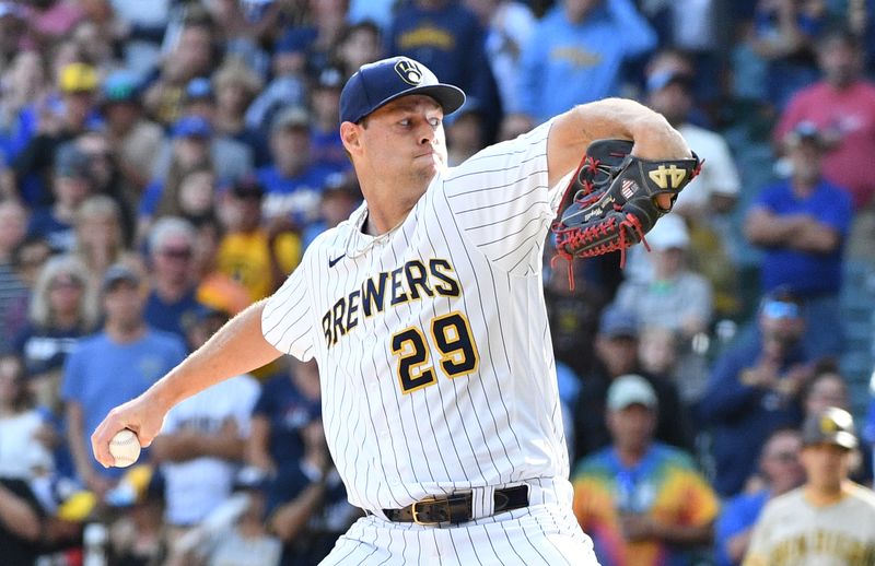 Aug 27, 2023; Milwaukee, Wisconsin, USA; Milwaukee Brewers relief pitcher Trevor Megill (29) closes out a 10-6 win over the San Diego Padres at American Family Field. Mandatory Credit: Michael McLoone-USA TODAY Sports