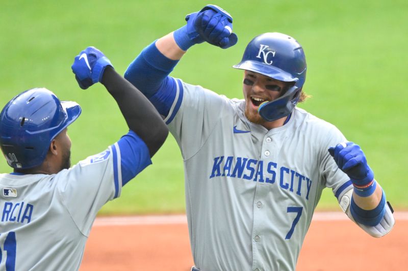 Jun 4, 2024; Cleveland, Ohio, USA; Kansas City Royals shortstop Bobby Witt Jr. (7) celebrates his two-run home run in the third inning against the Cleveland Guardians at Progressive Field. Mandatory Credit: David Richard-USA TODAY Sports