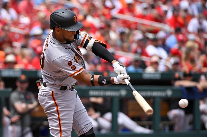 Jun 14, 2023; St. Louis, Missouri, USA;  San Francisco Giants center fielder Luis Matos (29) bats in his Major League debut against the St. Louis Cardinals during the sixth inning at Busch Stadium. Mandatory Credit: Jeff Curry-USA TODAY Sports