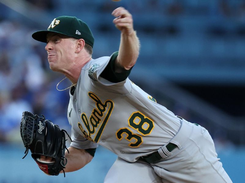 Aug 3, 2023; Los Angeles, California, USA;  Oakland Athletics starting pitcher JP Sears (38) pitches during the first inning against the Los Angeles Dodgers at Dodger Stadium. Mandatory Credit: Kiyoshi Mio-USA TODAY Sports