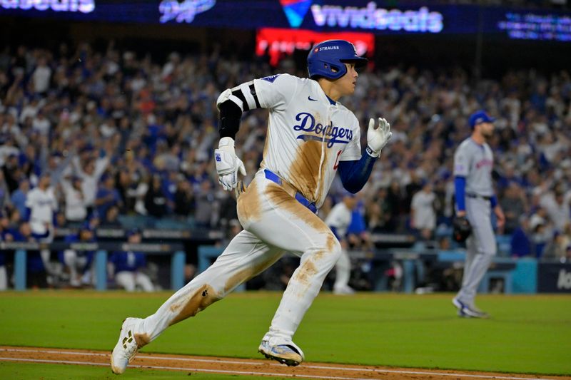 Oct 13, 2024; Los Angeles, California, USA; Los Angeles Dodgers two-way player Shohei Ohtani (17) hits a RBI double against the New York Mets in the fourth inning during game one of the NLCS for the 2024 MLB Playoffs at Dodger Stadium. Mandatory Credit: Jayne Kamin-Oncea-Imagn Images