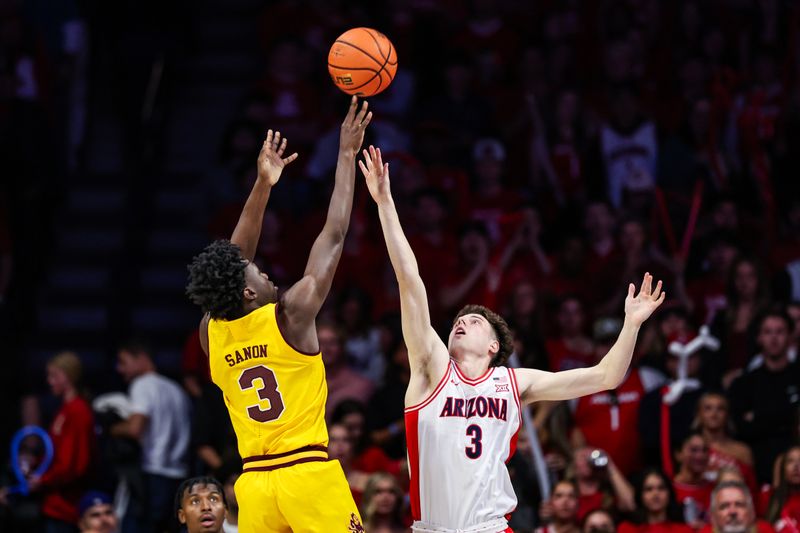 Mar 4, 2025; Tucson, Arizona, USA; Arizona State guard Joson Sanon (3) shoots a three-point shot over Arizona Wildcats guard Anthony Dell’Orso (3) during the second half at McKale Center. Mandatory Credit: Aryanna Frank-Imagn Images