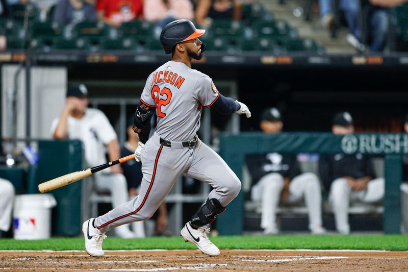 Sep 16, 2025; Chicago, Illinois, USA; Baltimore Orioles third baseman Jeremiah Jackson (82) hits an RBI-double against the Chicago White Sox during the third inning at Rate Field. Mandatory Credit: Kamil Krzaczynski-Imagn Images