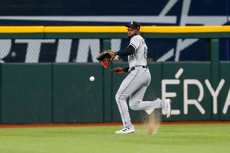 Aug 2, 2023; Arlington, Texas, USA; Chicago White Sox center fielder Luis Robert Jr. (88) plays a ball on a hop during the first inning against the Texas Rangers at Globe Life Field. Mandatory Credit: Andrew Dieb-USA TODAY Sports