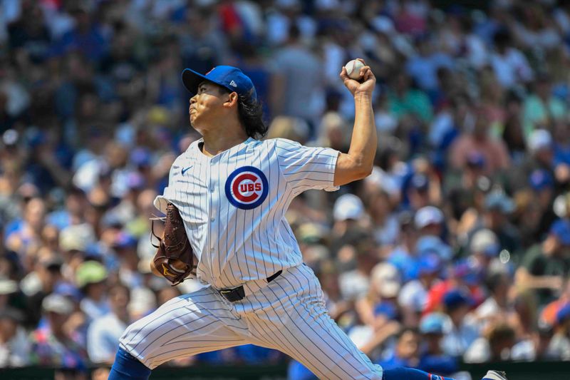 Jul 21, 2024; Chicago, Illinois, USA;  Chicago Cubs pitcher Shota Imanaga (18) delivers against the Arizona Diamondbacks during the fifth inning at Wrigley Field. Mandatory Credit: Matt Marton-USA TODAY Sports