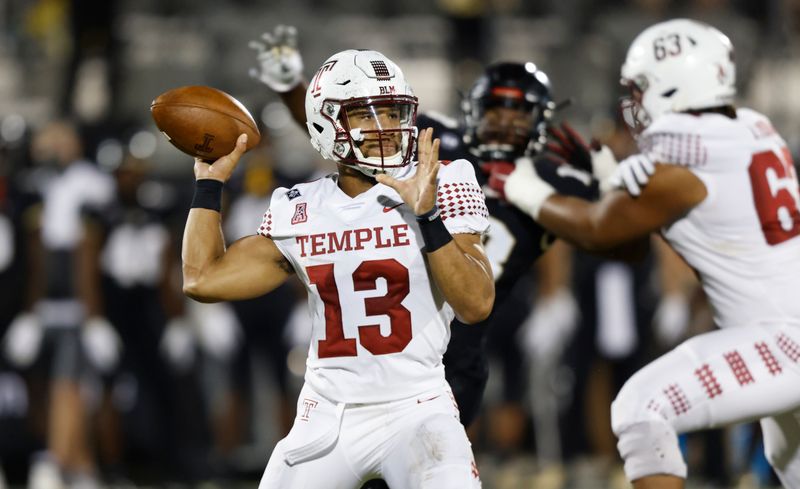 Nov 14, 2020; Orlando, Florida, USA;  Temple Owls quarterback Re-al Mitchell (13) throws a pass during the first quarter against the UCF Knights at the Bounce House. Mandatory Credit: Reinhold Matay-USA TODAY Sports