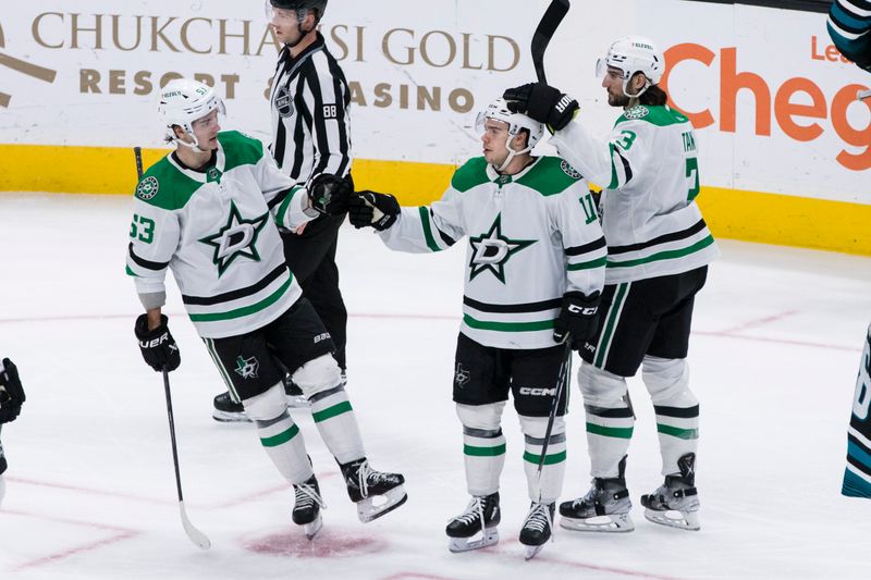 Mar 5, 2024; San Jose, California, USA; Dallas Stars center Logan Stankoven (11) is congratulated by center Wyatt Johnston (53) after scoring against the San Jose Sharks during the third period at SAP Center at San Jose. Mandatory Credit: John Hefti-USA TODAY Sports