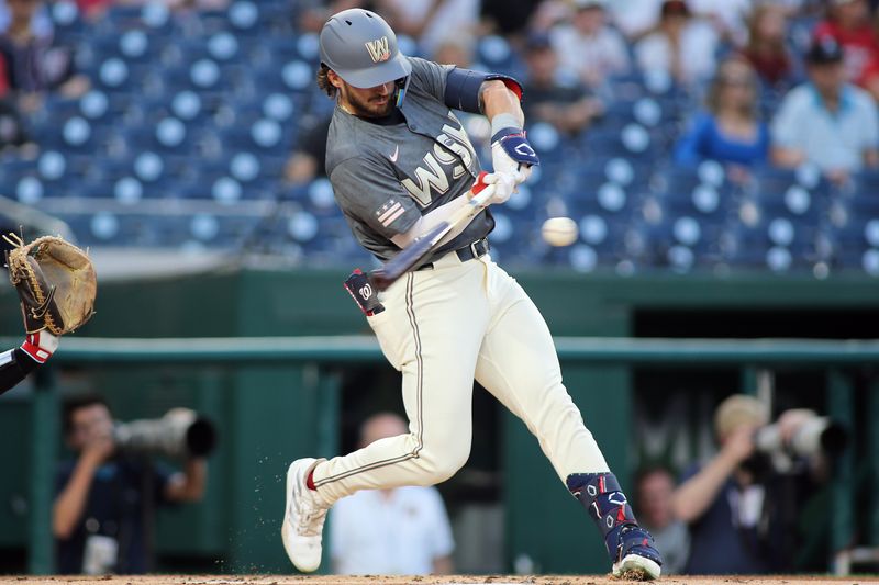 Sep 13, 2024; Washington, District of Columbia, USA; Washington Nationals outfielder Dylan Crews (3) hits a single during the first inning of a baseball game against the Miami Marlins, at Nationals Park. Mandatory Credit: Daniel Kucin Jr.-Imagn Images

