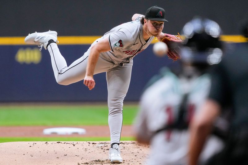 Sep 19, 2024; Milwaukee, Wisconsin, USA;  Arizona Diamondbacks pitcher Brandon Pfaadt (32) throws a pitch during the first inning against the Milwaukee Brewers at American Family Field. Mandatory Credit: Jeff Hanisch-Imagn Images