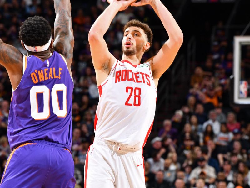 PHOENIX, AZ - MARCH 2: Alperen Sengun #28 of the Houston Rockets shoots the ball during the game against the Phoenix Suns on March 2, 2024 at Footprint Center in Phoenix, Arizona. NOTE TO USER: User expressly acknowledges and agrees that, by downloading and or using this photograph, user is consenting to the terms and conditions of the Getty Images License Agreement. Mandatory Copyright Notice: Copyright 2024 NBAE (Photo by Barry Gossage/NBAE via Getty Images)