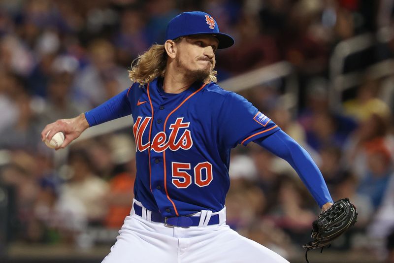 Aug 8, 2023; New York City, New York, USA; New York Mets relief pitcher Phil Bickford (50) delivers a pitch during the sixth inning against the Chicago Cubs at Citi Field. Mandatory Credit: Vincent Carchietta-USA TODAY Sports