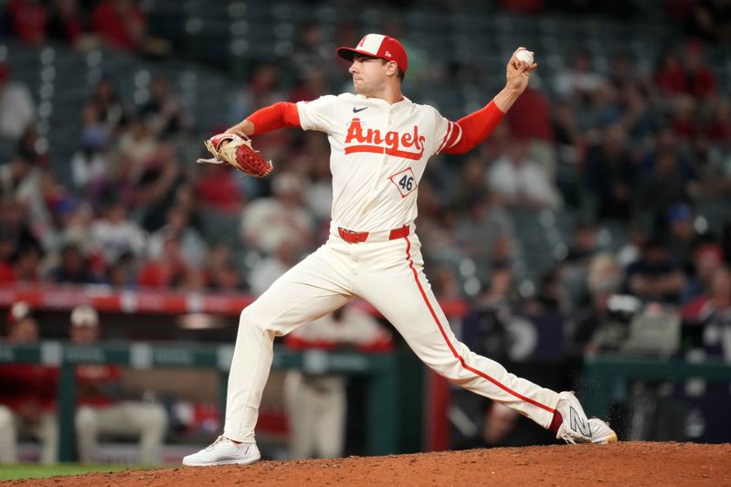 May 8, 2025; Anaheim, California, USA; Los Angeles Angels relief pitcher Brock Burke (46) throws in the sixth inning against the Toronto Blue Jays at Angel Stadium. Mandatory Credit: Kirby Lee-Imagn Images