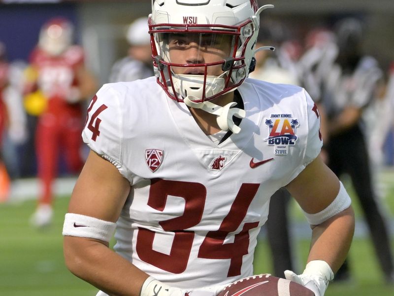 Dec 17, 2022; Inglewood, CA, USA;  Washington State Cougars defensive back Cole Norah (34) warms up prior to the game against the Fresno State Bulldogs at SoFi Stadium. Mandatory Credit: Jayne Kamin-Oncea-USA TODAY Sports